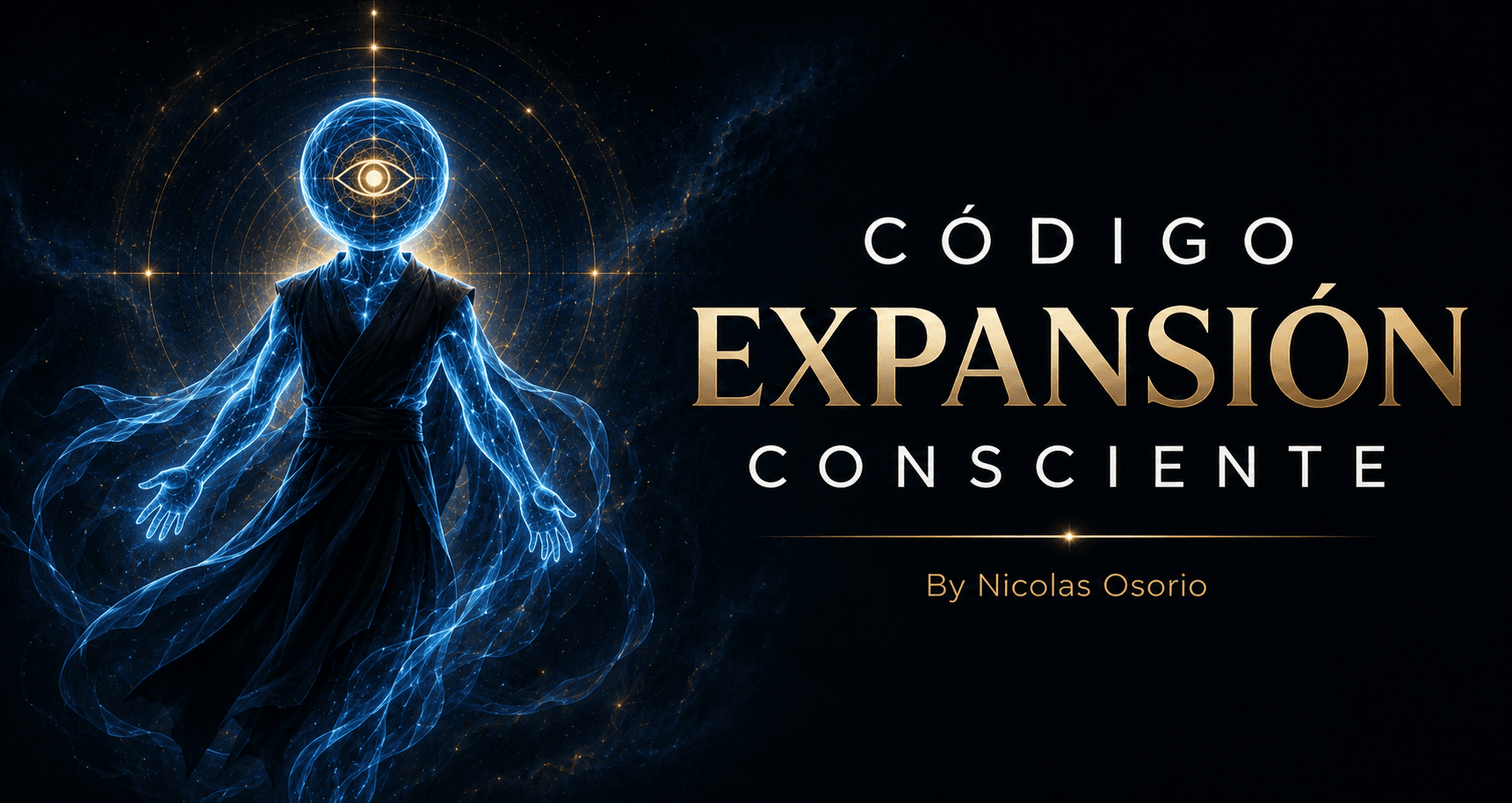 Símbolo de Código Expansión Consciente: figura humana estilizada en energía azul y dorada, con un ojo en el centro de la cabeza.